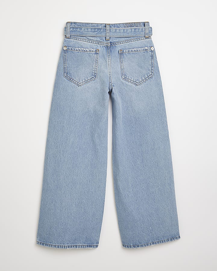 Girls blue split hem wide leg belted jeans