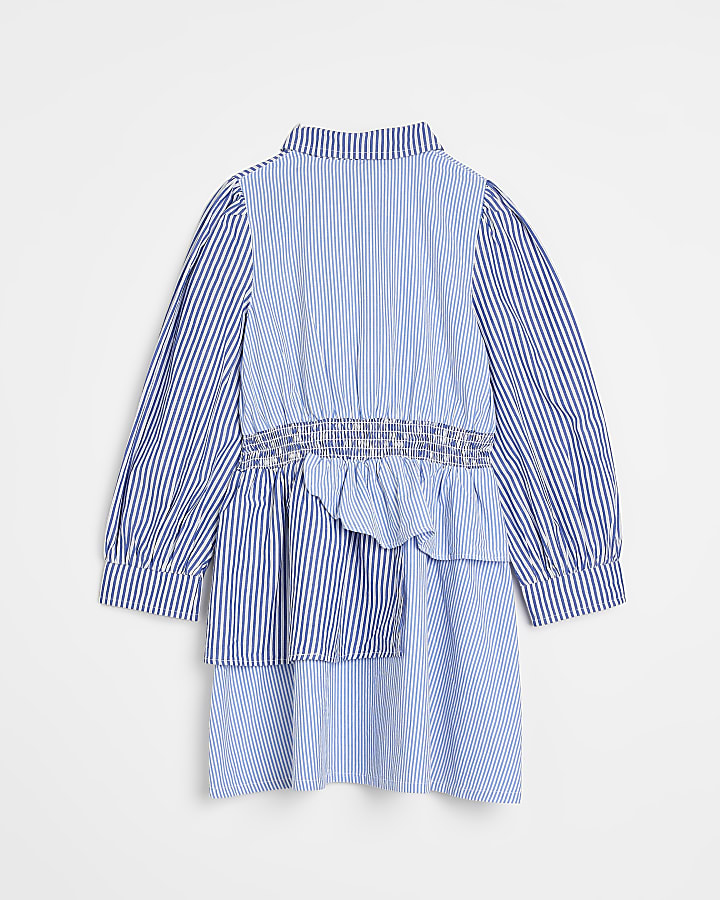 Girls Blue Stripe asymmetric Shirt Dress