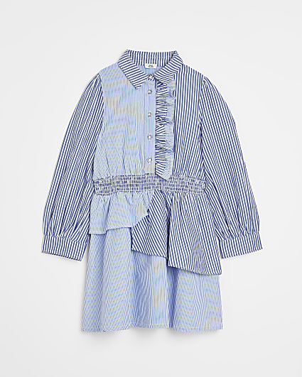Girls Blue Stripe asymmetric Shirt Dress