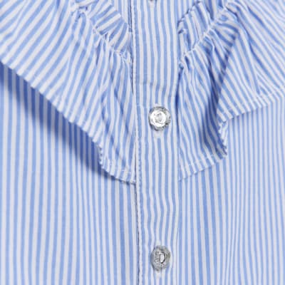 Girls blue stripe broderie frill blouse