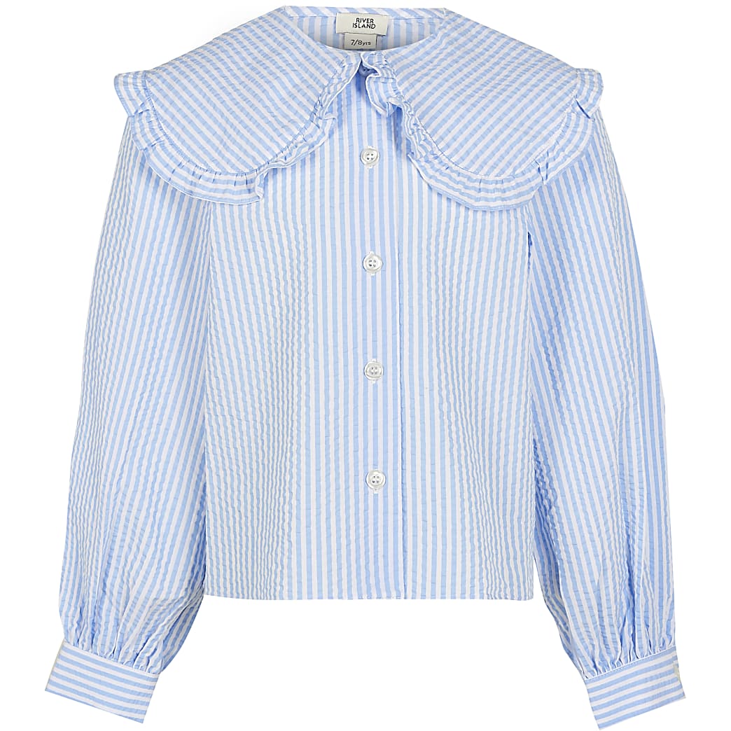 Girls blue stripe wide frill collar shirt | River Island