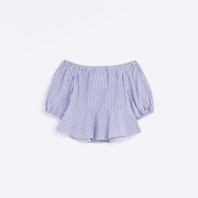 Girls Blue Striped Peplum Bardot Top