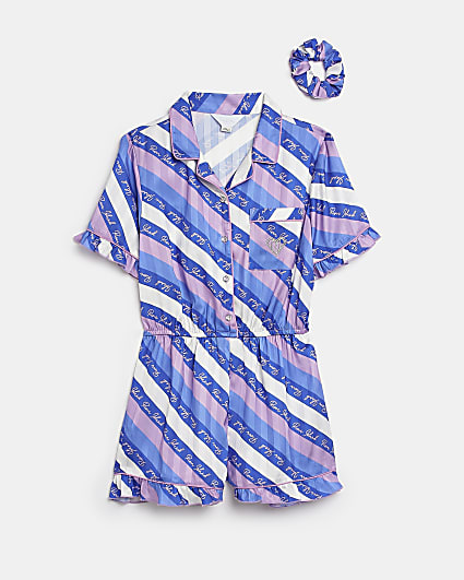 Girls Blue Striped Satin Playsuit pyjama Set