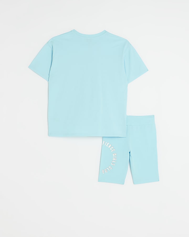 Girls blue t-shirt and cycling shorts set