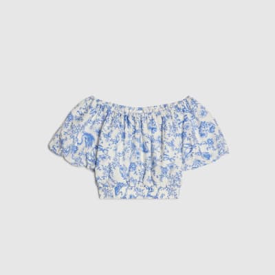 Girls Blue Toile Print Bardot Crop Top