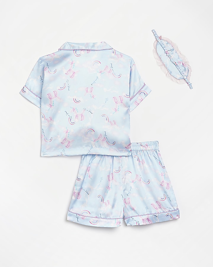 Girls Blue Unicorn Satin Pyjama Set