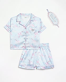 Girls Blue Unicorn Satin Pyjama Set