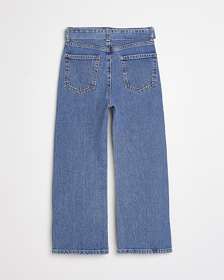 Girls blue wide leg belted jeans