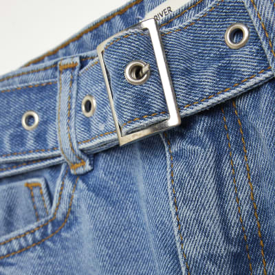 Girls Blue Wide Leg Turn UP Belted Jeans