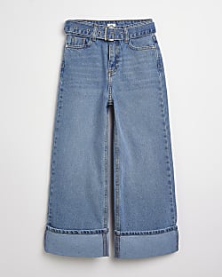 Girls Blue Wide Leg Turn UP Belted Jeans