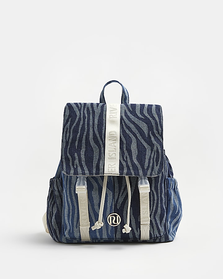 Girls blue zebra print denim backpack