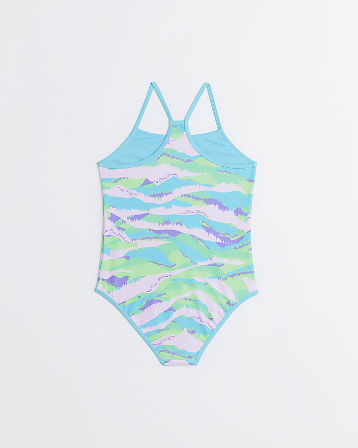 Girls Blue Zebra Print Swimsuit