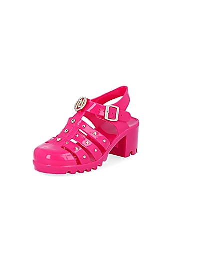 360 degree animation of product Girls bright pink jelly heeled sandals frame-0