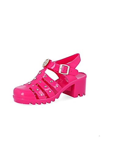 360 degree animation of product Girls bright pink jelly heeled sandals frame-1