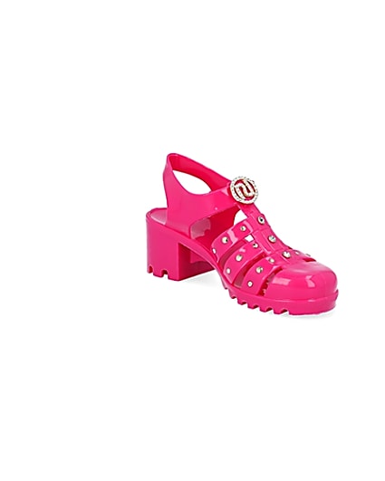 360 degree animation of product Girls bright pink jelly heeled sandals frame-18