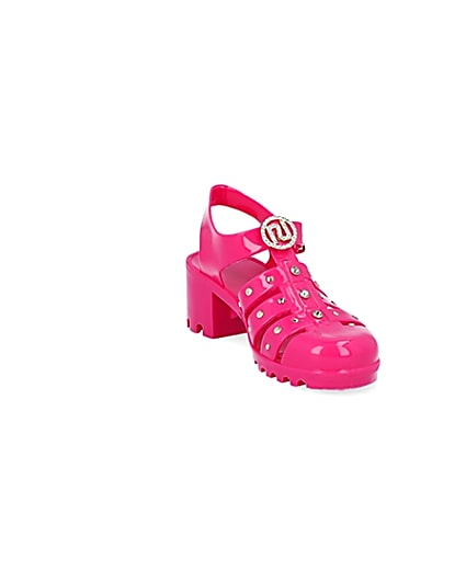 360 degree animation of product Girls bright pink jelly heeled sandals frame-19