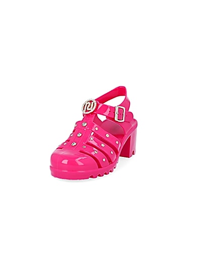 360 degree animation of product Girls bright pink jelly heeled sandals frame-23