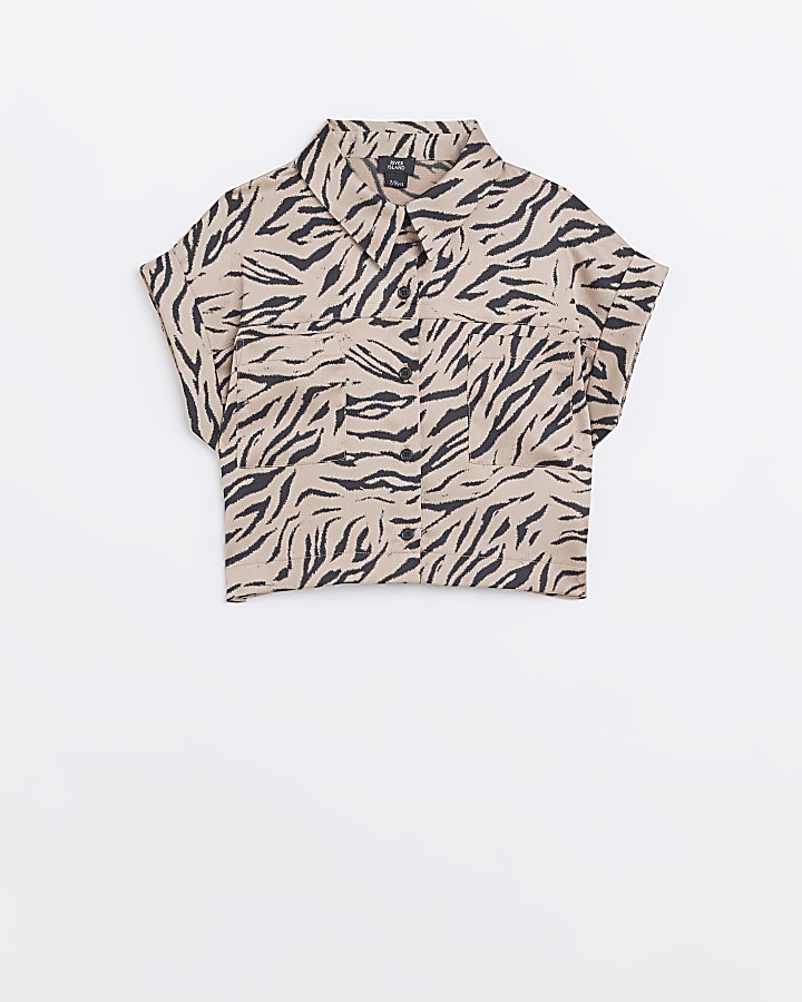 Girls Brown Animal Print Cropped Shirt