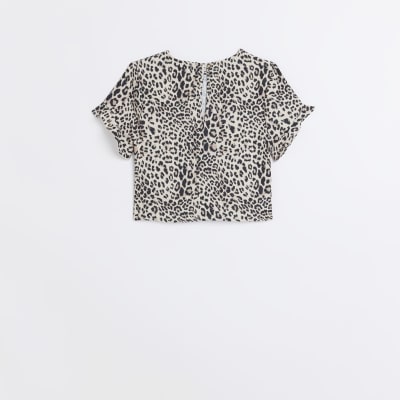 Girls Brown Animal Print Frill T-shirt