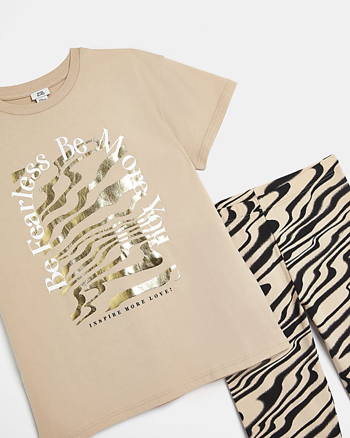 Girls Brown Animal Print Graphic T-shirt Set