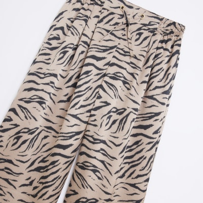 Girls Brown Animal Print Wide Leg Trousers