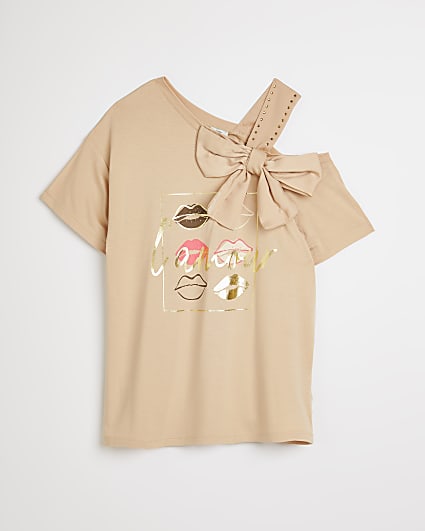 Girls brown asymmetric bow detail t-shirt