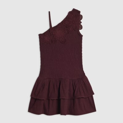 Girls Brown Asymmetric Crochet Flower Dress