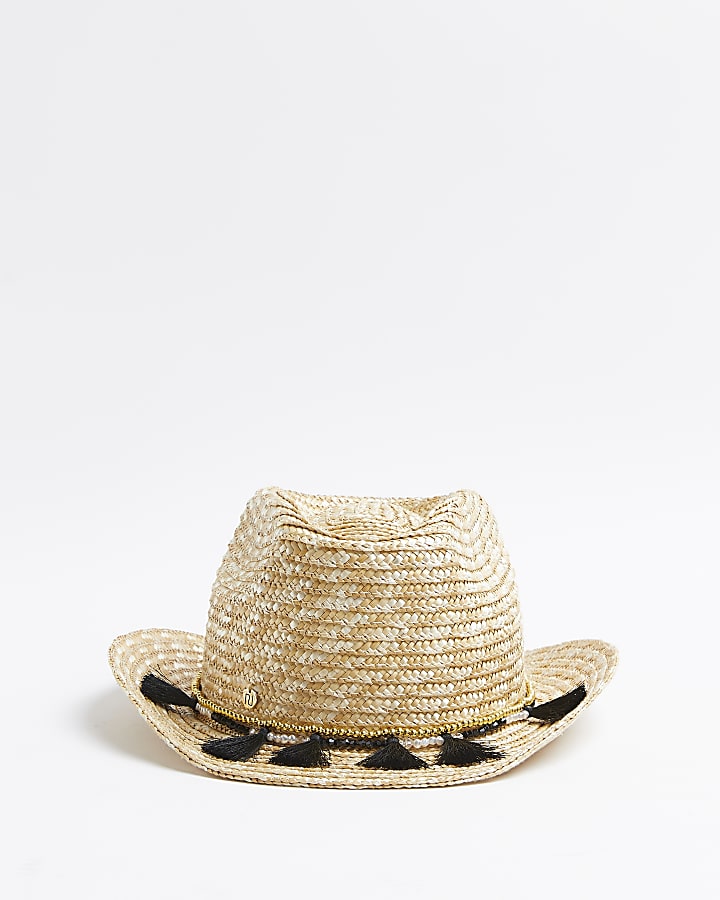 Girls brown beaded tassel straw cowboy hat