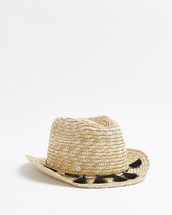 Girls brown beaded tassel straw cowboy hat