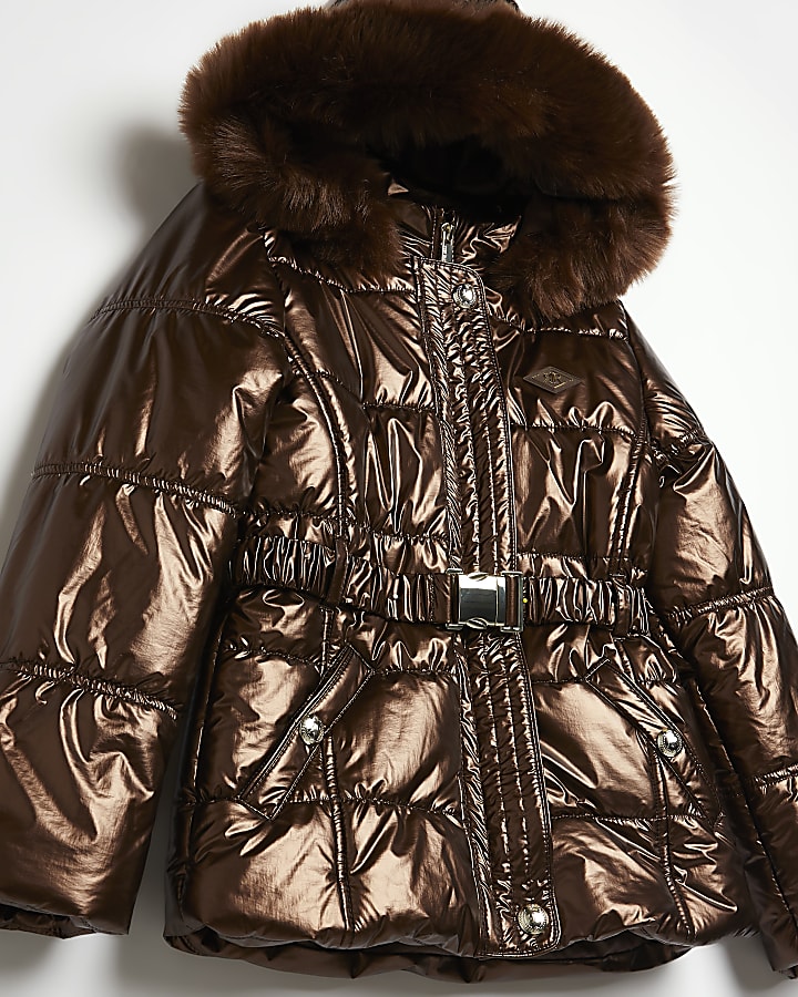 Girls brown belted puffer coat