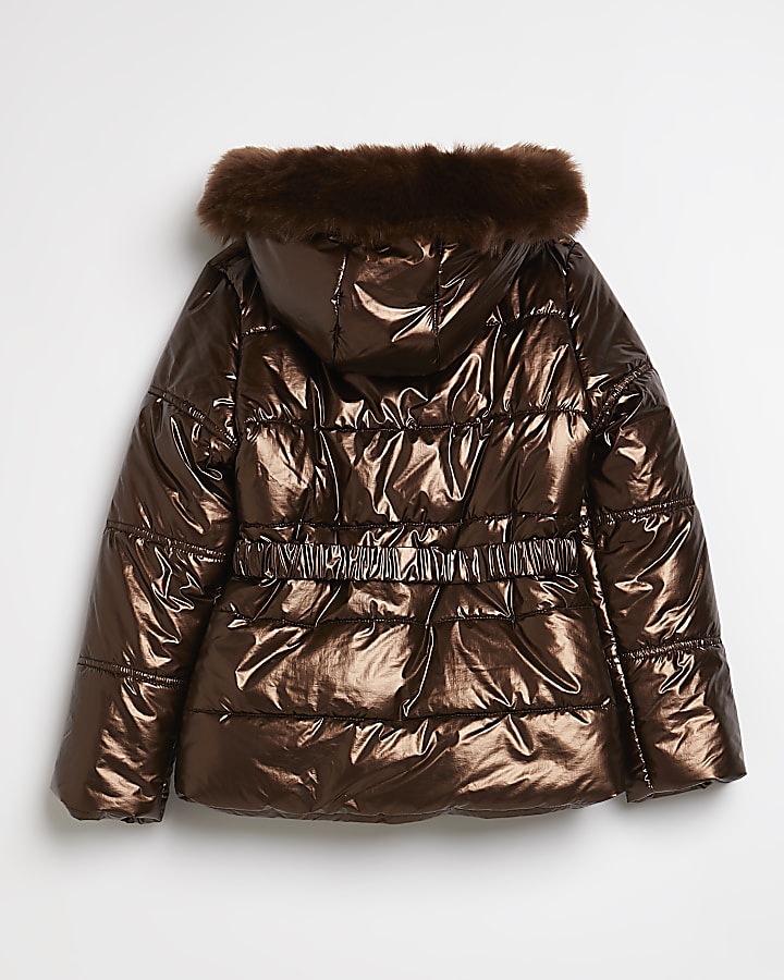 Girls brown belted puffer coat