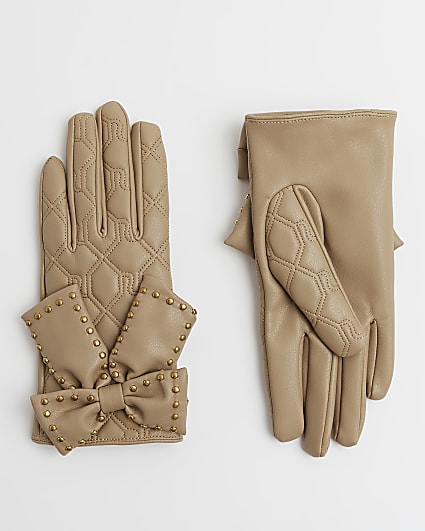 Girls Brown Bow Quilted faux leather Gloves