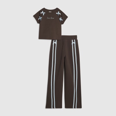 Girls Brown Bow Taped Wide Leg Joggers Set