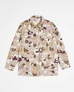 Girls Brown Camo floral embroidered Shacket