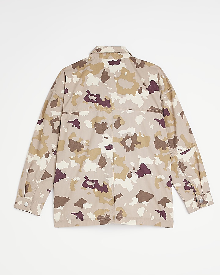 Girls Brown Camo floral embroidered Shacket