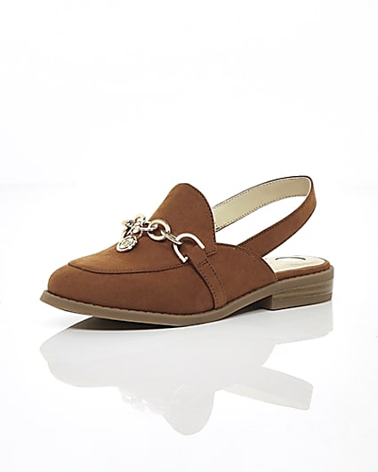 360 degree animation of product Girls brown chain backless loafers frame-0