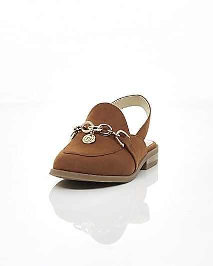 360 degree animation of product Girls brown chain backless loafers frame-2