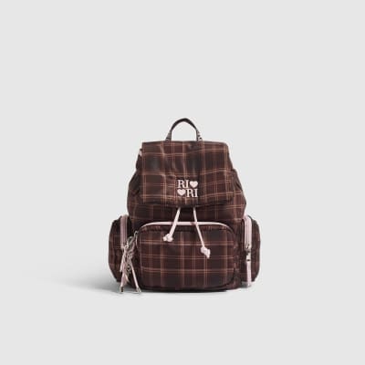 Girls Brown Check Backpack With Charms