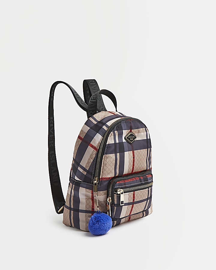 Girls brown check backpack