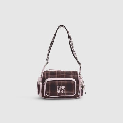 Girls Brown Check Cross Body Bag With Charms