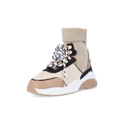 360 degree animation of product Girls Brown Colourblock Sock Trainers frame-0