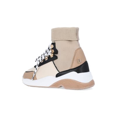 360 degree animation of product Girls Brown Colourblock Sock Trainers frame-5
