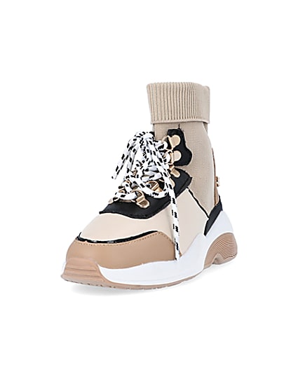 360 degree animation of product Girls Brown Colourblock Sock Trainers frame-23