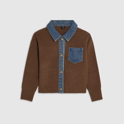 Girls Brown Denim Collar Cardigan