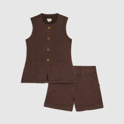 Girls Brown Denim Waistcoat And Shorts Set