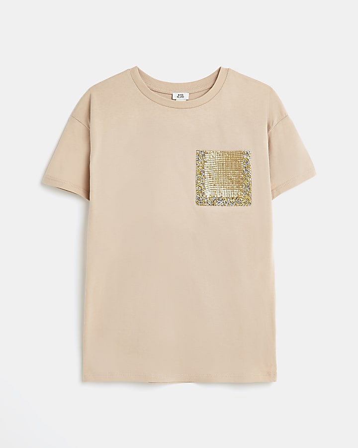 Girls brown diamante pocket t-shirt