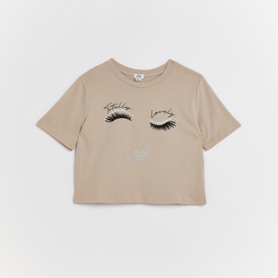 Girls Brown Eyelash Embellished T-shirt
