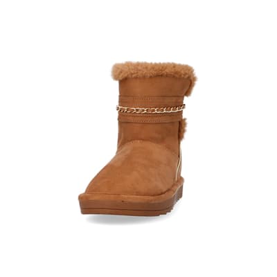 360 degree animation of product Girls Brown Faux Fur Chain Strap Boots frame-1