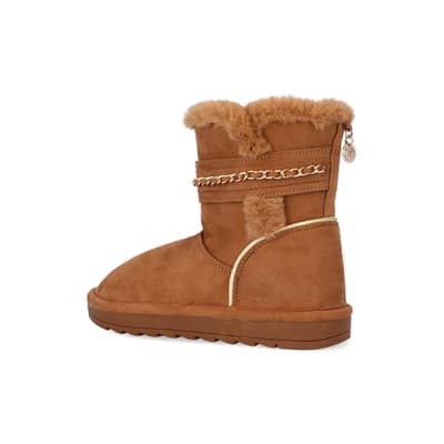 360 degree animation of product Girls Brown Faux Fur Chain Strap Boots frame-8