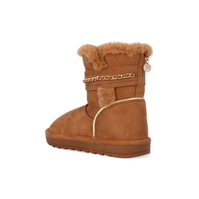 360 degree animation of product Girls Brown Faux Fur Chain Strap Boots frame-9